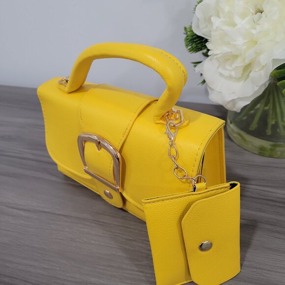 Trendy Yellow Handbag Retro Style Buckle Purse w/ Detachable Mini Coin Purse - Picture 4 of 10